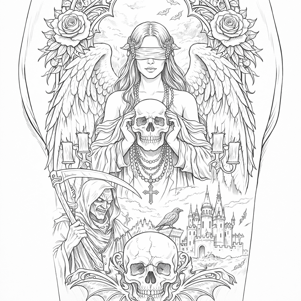 Tattoo of a blindfolded angel holding a skull, grim reaper with scythe, castle, and multiple skulls in gothic style.